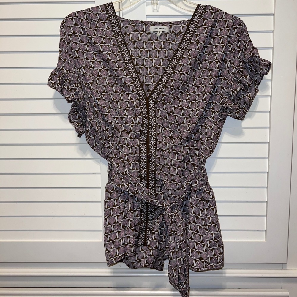 Max Studio Floral Peplum Blouse Flutter Sleeve Smocked Tie Waist S